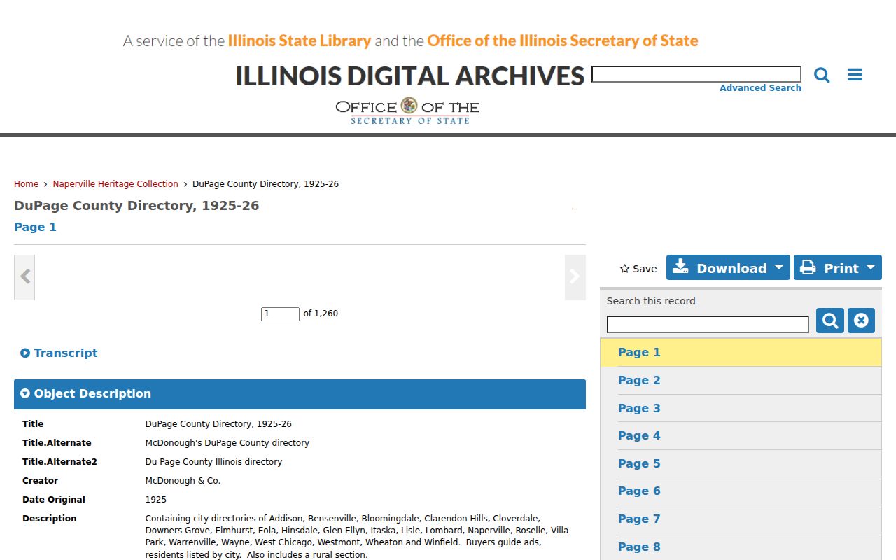 Illinois Digital Archives record for the 1925-26 DuPage County city directory
