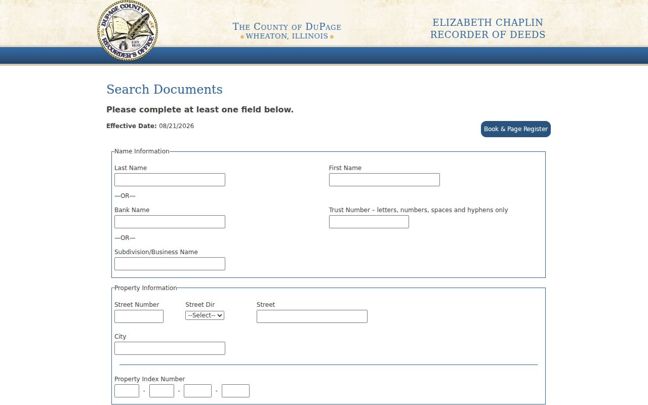 DuPage Recorder deed index fields for Lisle address research